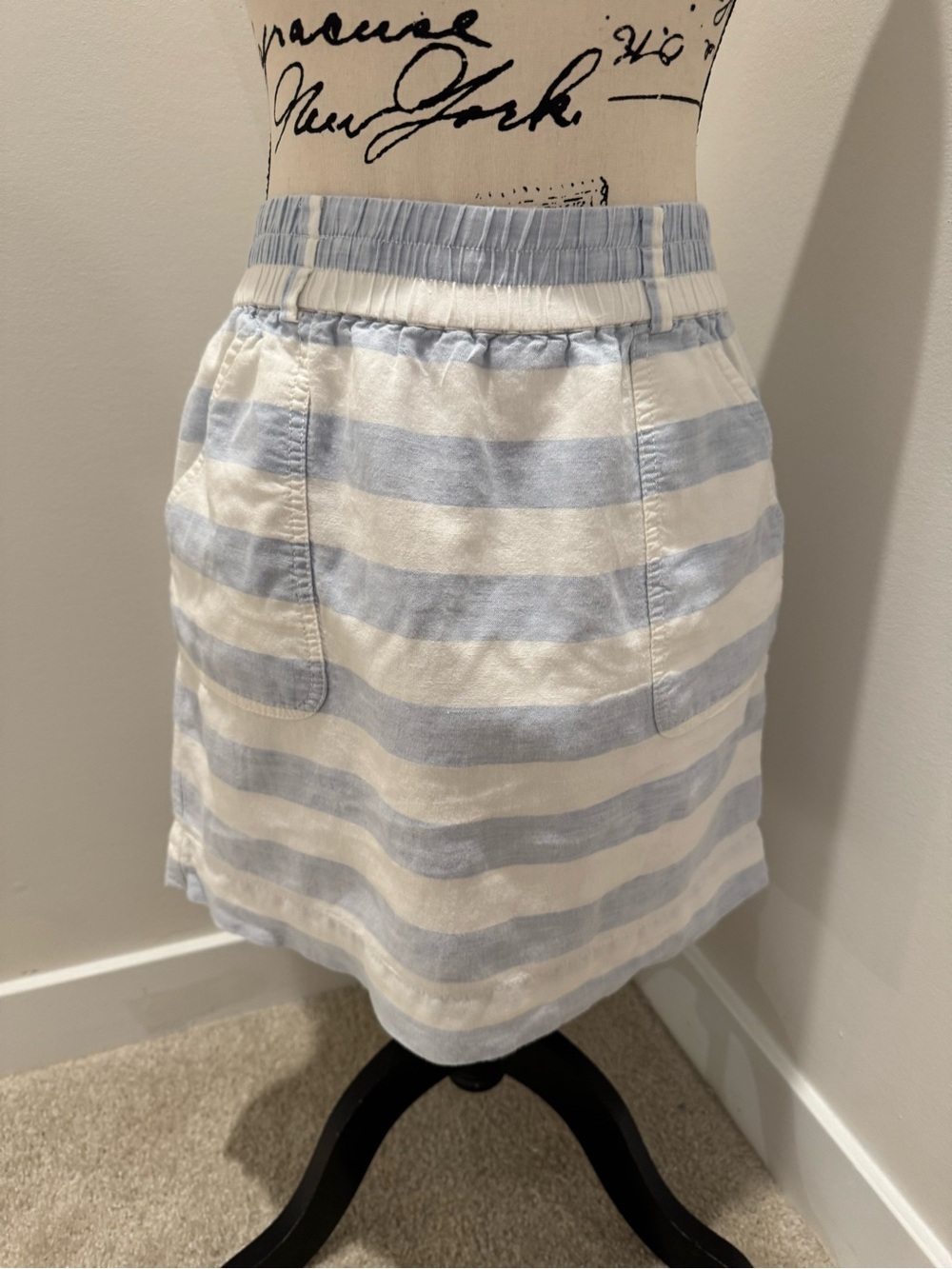 LOFT Skirt Womens XS Blue Linen Striped Elastic Waist Drawstring Coastal Mini